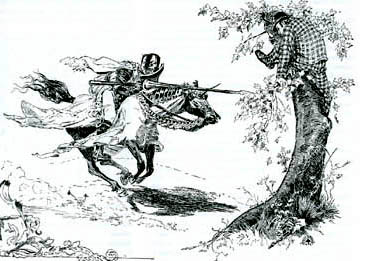 Dan Beard illustration of Hank climbing a tree to avoid Sir Kay.
